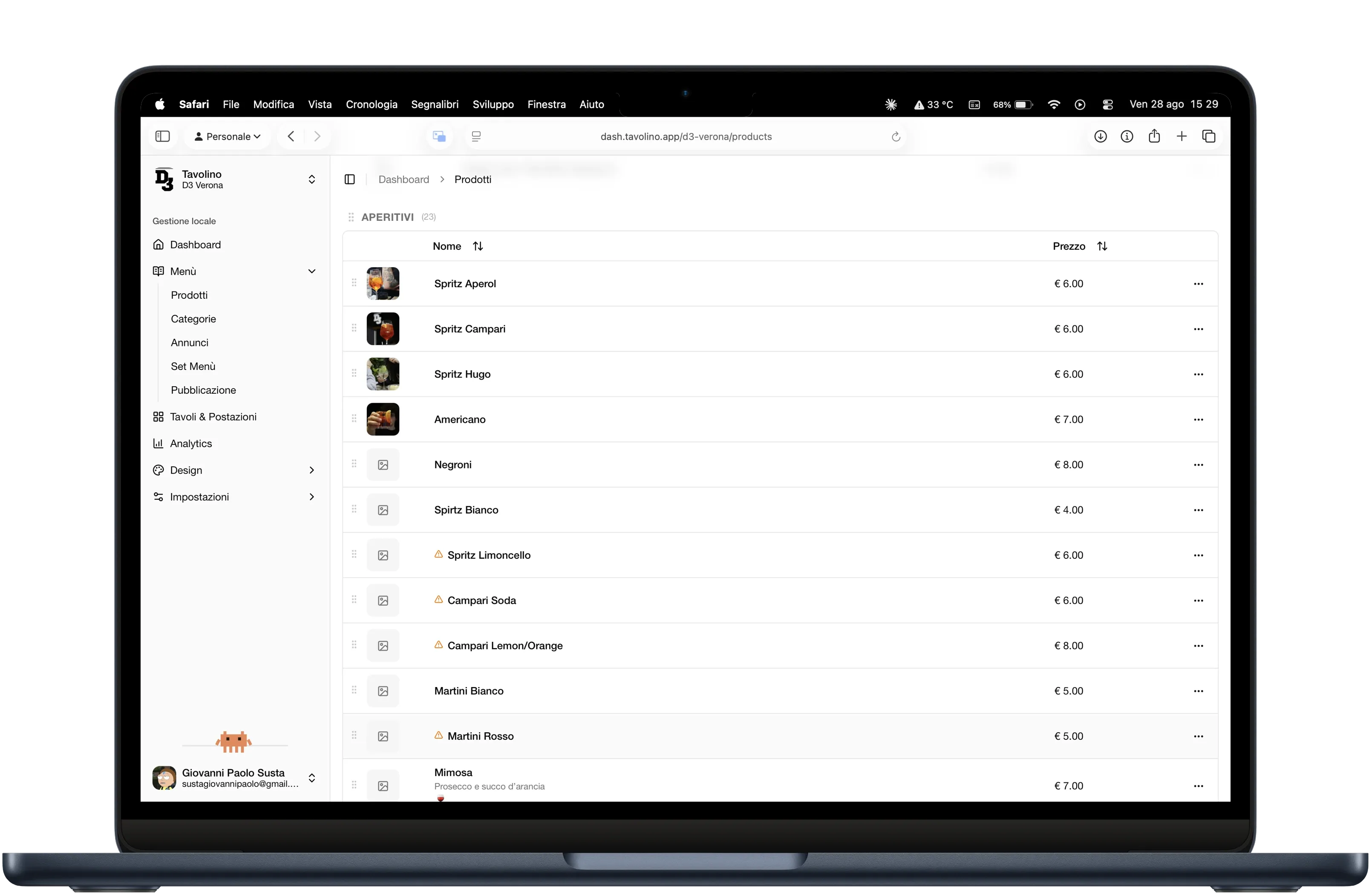 La dashboard Tavolino aperta sul portatile, sull'elenco dei prodotti